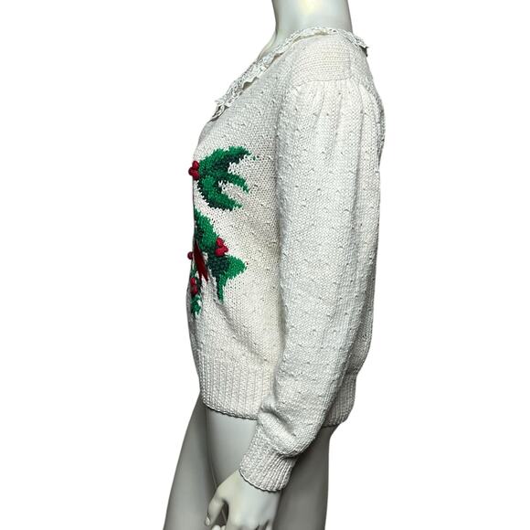 Bechamel White Hand-Knit Sweater with Lace Collar & Holiday Bow Design, Size M - Picture 4 of 11